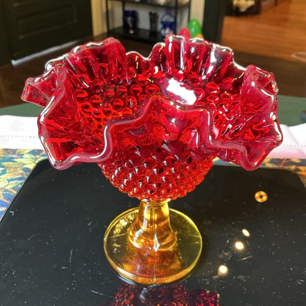 Vintage Kanawha Amberina Hobnail Ruffled Pedestal Glass Compote